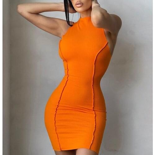 WJFZQM Sexy Sleeveless Knitted Sundress Women Summer Sexy Bodycon Orange Ribbed Wrap Dress Ladies Solid Women Dress Vestidos