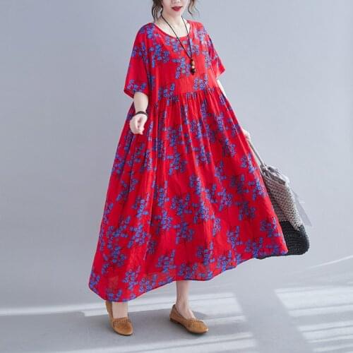 Thin Soft Cotton Linen Dress 2021 New Arrival Print Floral Prairie Chic Travel Casual Dress Plus Size Women Long Maxi Dress