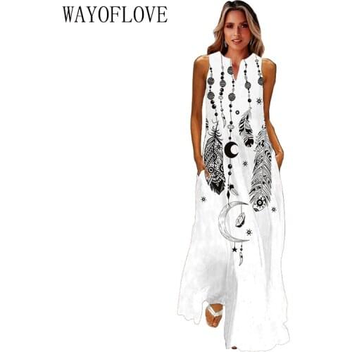 WAYOFLOVE Feather Necklace Print Dress 2021 Casual Plus Size Sleeveless Dresses Summer Woman Elegant Girl Beach Maxi Dress Women