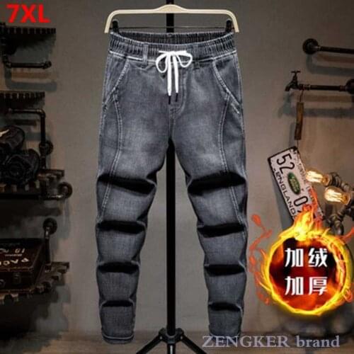 Winter Oversized Jeans for Mens Plus Big Stitching Warm Harem Pants Plush Elastic Pants 7XL 6XL 5XL Men Jeans Boyfriend Jeans