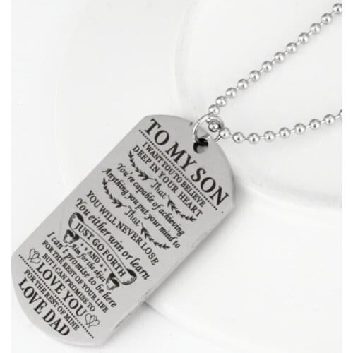 Gold Inspirational Fashion Necklace Jewelry TO MY SON I WANT YOU TO BELIEVE Lettering Stainless Steel Military Necklace