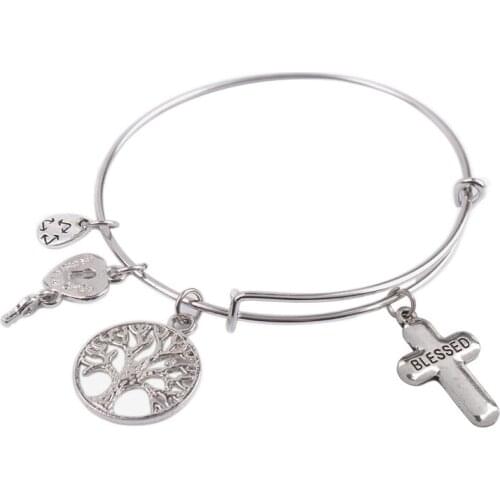 5PCS Fashion Expandable Wire Bangle Blessed Cross Charm Bracelet #92065