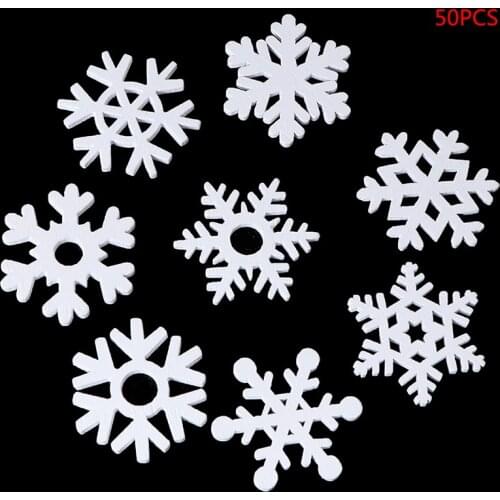 50pcs 35mm Mix Shape Wooden White Snowflakes Christmas Ornaments Xmas Pendants New Year Christmas Decorations For Home