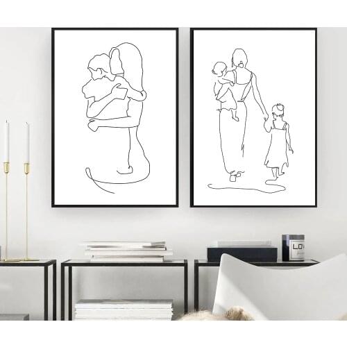 Mother and Daughters Son Art Line Drawing Posters Abstract Minimalist Wall Art Canvas Print Painting Moder Decorative Pictures