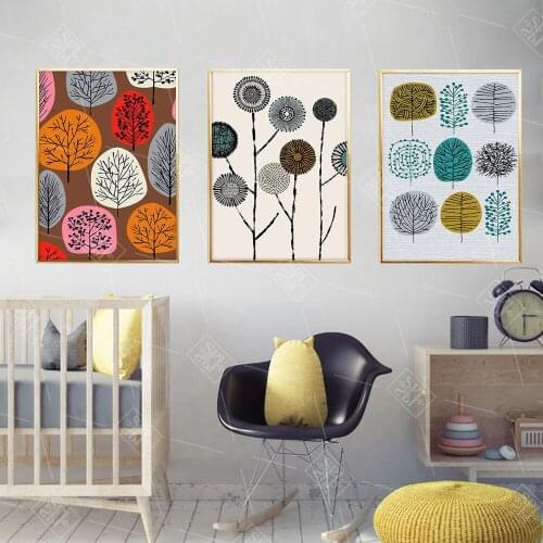 Abstract Watercolor Leaves Cartoon Posters and Prints Canvas Painting Colorful Tree Bedroom Decoration Wall Art Picture for Kids