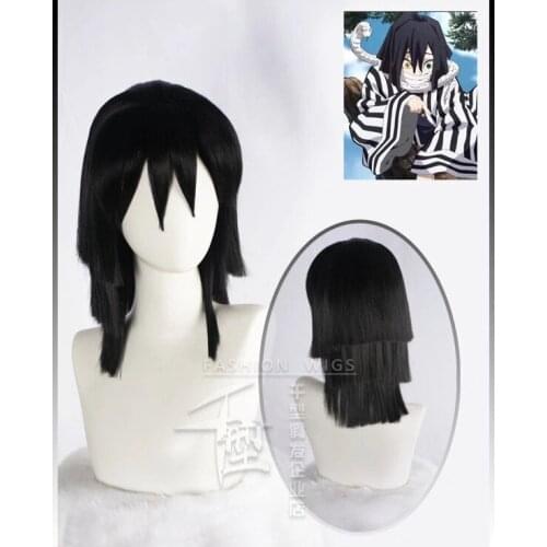 Anime Demon Slayer: Kimetsu no Yaiba Iguro Obanai Cosplay Wigs Black Heat Resistant Synthetic Hair Wig + Wig Cap