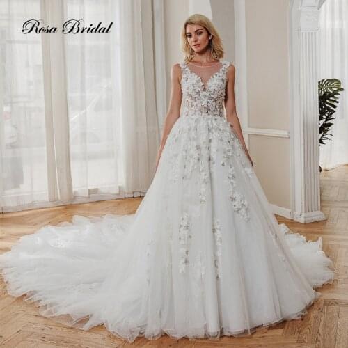 RosabridalFlourish·o neck 3D flowers lace beading ball gown with heart shape back