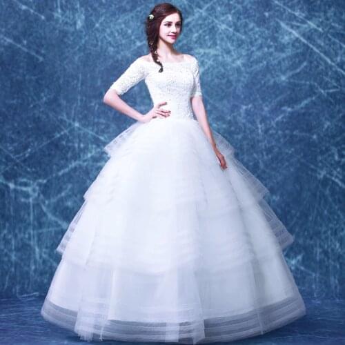 White Lace Wedding Dress 2015 Louisvuigon Tiered Bridal Dresses Half Sleeve Organza Lace Up Wedding Gowns Robe De Mariage KW1233