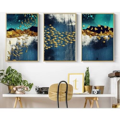 Golden Bird and Fish Decorative Paintings Wall Art Print Picture Canvas Painting Poster for Living Room No Framed