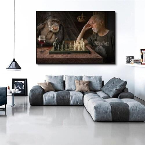 Monkey Playing Chess Creative Art Paintings Print Oil Canvas Art Posters and Prints Black And White Cuadros Animals Art Pictures