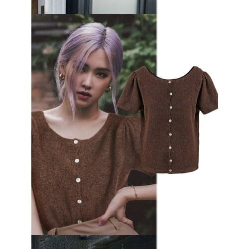 Kpop Korean Celebrity ROSE Summer Slim O-Neck Sexy Short Sleeved Sweater Women Fashion Streetwear Cardigan Sweaters Vintage Tops