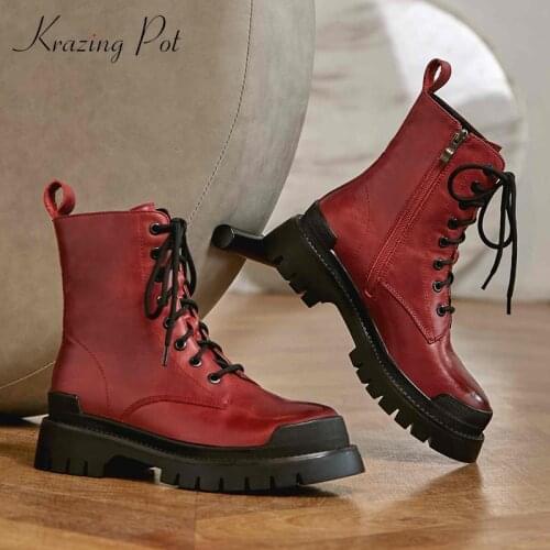 Krazing Pot new western boots real leather mixed colors high square heel platform round toe zipper thick bottom ankle boots L72
