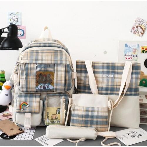 4 Pcs Set Women School Bag Canvas Backpack Children Korea Shoulder Bag Cute Teen Girls Bookbag Mochila Large Capacity Travel Bag