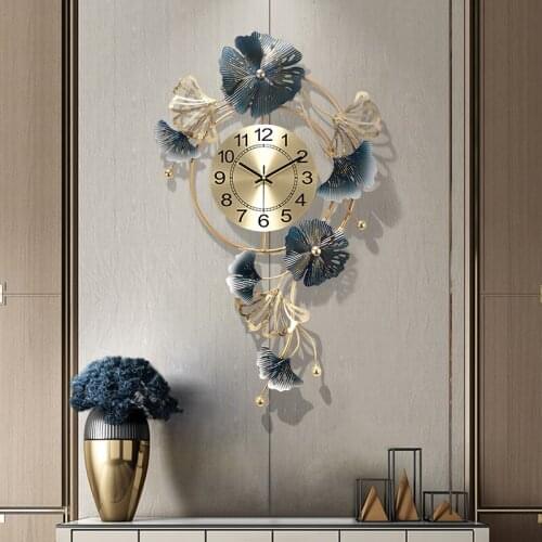 Nordic Luxury Ginkgo Leaf Wrought Iron Wall Clocks Home Livingroom Wall Hanging Crafts Store Hotel Porch Wall Mural Decoration