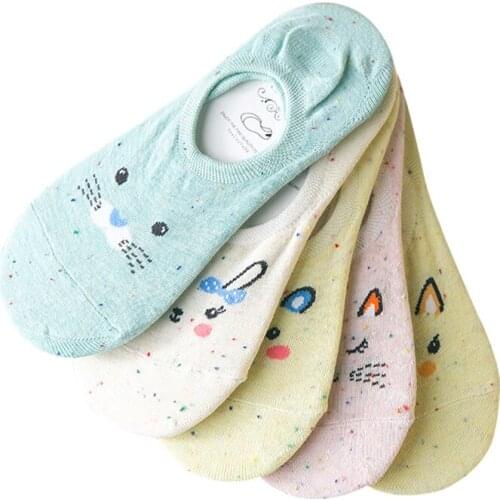 5 Pairs Womens Socks Cute Girls Art Socks Funny Bear Cat Print Cartoon Animal Design Cotton Soft Sox Creative Kawaii Boat Socks