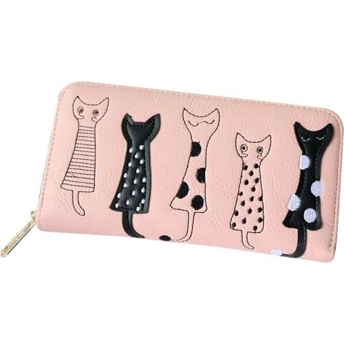 New Women Cat Cartoon Wallet Long Casual Zip Clutch PU Leather Coin Purse ID Cards Holder Best Sale-WT