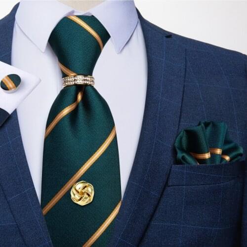 New Gold Striped Green Ties 8cm Luxury Mens Silk Tie Handkerchief Cufflinks Tie Tack Gold Tie Ring Gift For Men Cravate DiBanGu