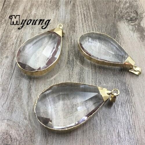 Water Drop Shape Faceted Glass Crystal Quartz Pendants with Pure Gold Edges For Necklaces Jewelry Making MY2011