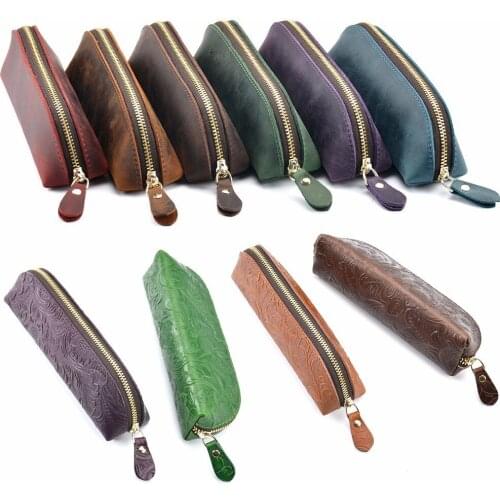 Huateman Handmade Genuine Leather Zipper Pen Pencil Bag Vintage Retro Style Creative School Stationary Accessories Free shipping