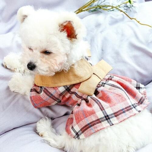Dog Dress Plain Printing Two-legged Cotton Turn Down Collar Pet Princess Dress for Party Dog Dresses