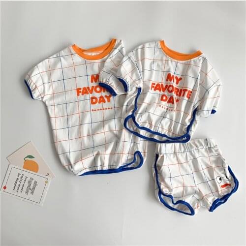 Plaid Brother and Sister Kids Matching Outfits Boys Letter Pritned T Shirt Suit Girls Shirts Dress Sets Unisex Children Clothes