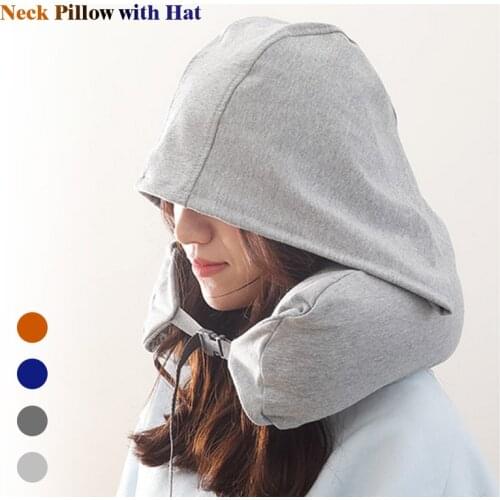 Neck Pillow with Hat,Airplane Travel Kit Soft Micro-Fleece Fabric Hat Pillow Sleep Slow Memory Neck Support Cushion Car U-Pillow