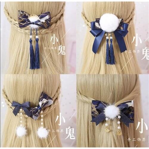 Retro Kimono Bathrobe blue Bow Headwear Accessories Lolita Cosplay Tassels Bowknot Side Clip Hairpin Hair hoop B486