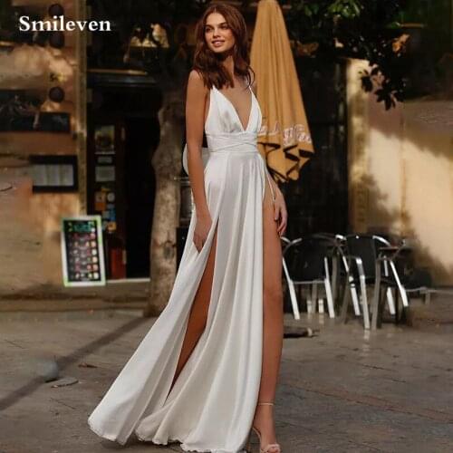 Smileven Sexy V Neck Boho Mermaid Wedding Dress Satin Simple And Clean Bride Dresses Double Split Bridal Gowns