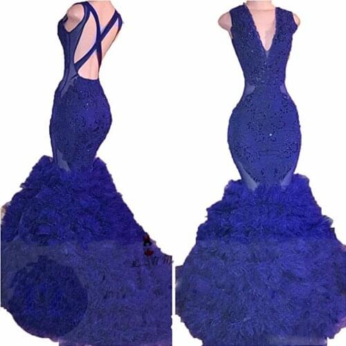 Sexy Backless Deep V Neck Royal Blue Evening Dresses Long Ruffles Lace Beads Women Prom Dresses Burgundy Black Robe de Soiree