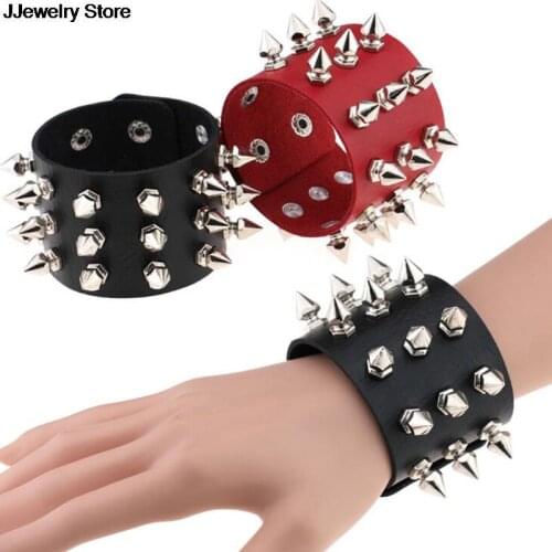 Unique 3 Rows Spikes Rivet Stud Wide Cuff Leather Punk Gothic Rock Unisex Bangle Harness Bracelets for Women Men Jewelry