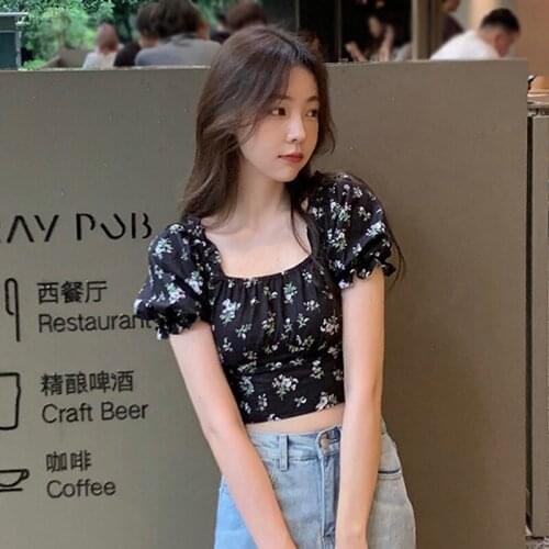 Women Square Collar Floral Print Sexy Sweet Backless Lace Up Puff Sleeves Shirt Blouse 2021 Summer