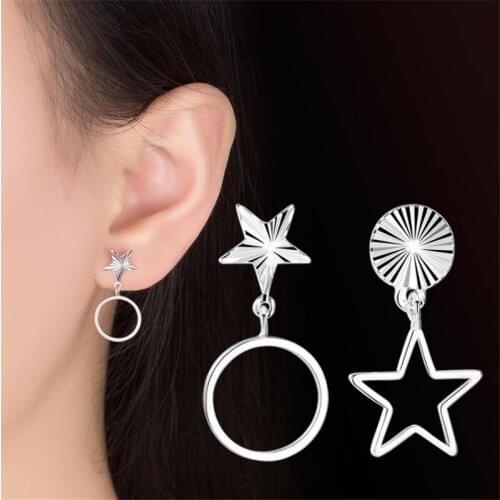 KOFSAC New 925 Sterling Silver Stud Earring Simple Stars hollow Circle Asymmetric Personality Earrings for Women Party Jewelry