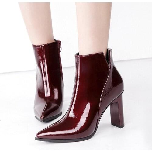 2019 women riding ankle boots winter pointed toe fashion black wine red shoes Handmade high heel 9.5 cm Night club female boots
