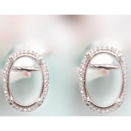 925 Sterling Silver Women Stud Earrings Crystal 9x12mm Oval Cabochon Semi Mount Earrings for Amber Opal Turquoise Setting