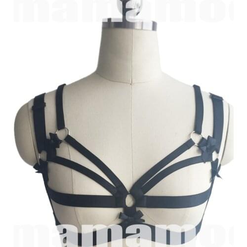Women Handmade harness cage Harajuku Gothic body harness black bow bondage dress cage bra Sexy lingerie body cage harness bra