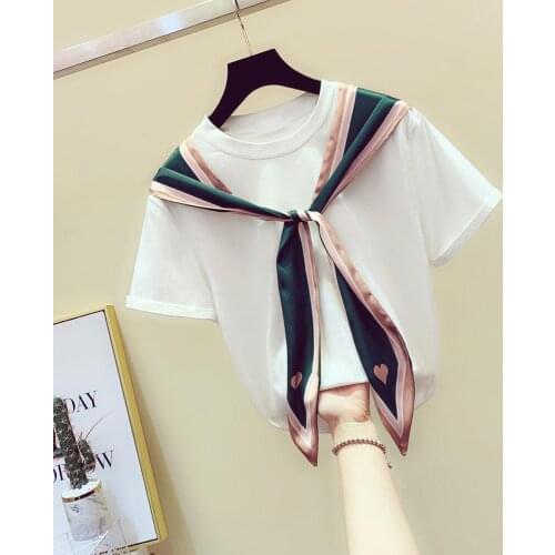 2021 spring and summer Korean version of loose silk scarf stitching bandage short-sleeved t-shirt female port style simple trend