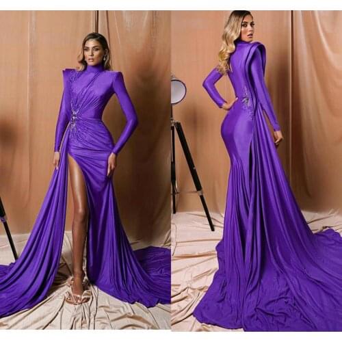 Dubai Bead High Split Evening Dresses High Neck Satin Women Formal Party Gowns Arabic Prom Dress Long Sleeve Robe De Soiree 2020