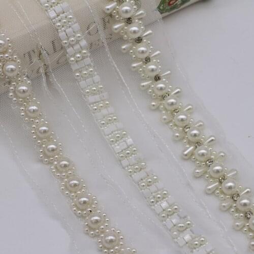 1 Yards Vintage Pearl Beaded Lace Ribbon Trim Fringe Fabric Embroidered Lace Handmade Costume Skirt Sewing Supplies Material