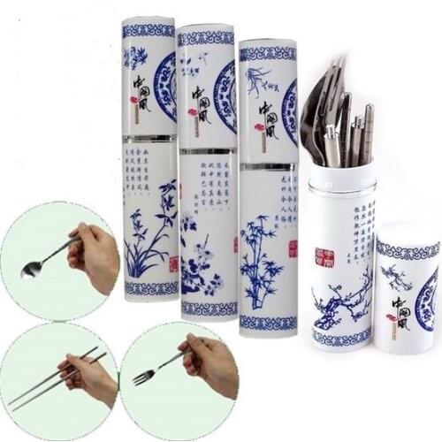 1SET China Wind Blue and White Porcelain Tableware Spoon Fork Chopsticks Three Piece Set with Gift Box KV 085