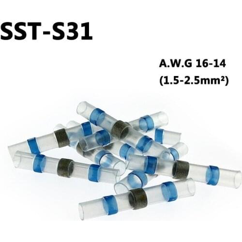 100pcs SST-S31 Seal Heat Shrink Butt Wire Connectors Blue Terminals AWG16-14 1.5-2.5mm Solder Sleeve Waterproof