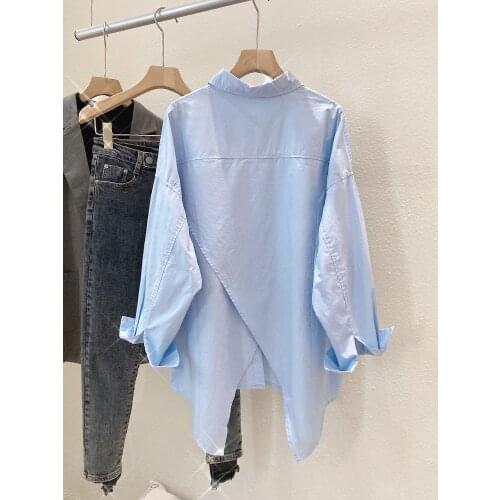 Asymmetrical Cotton Solid Women Long Shirts Summer New 2021 Turn-Down Collar Long-Sleeved Loose Elegant Office Lady Outwear Tops