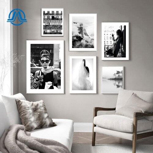 Black And White Poster Fashion Canvas Painting Woman With Sunglasses Print Lake Landscape Pictures For Living Room Home Decor