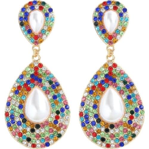 Dvacaman New Luxury Geometric Colorful Crystal Pearl Water Dangle Earrings High-Quality Rhinestone Jewelry Accessories For Women