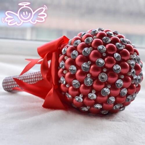 JaneVini Sparkly Crystal Red Wedding Bouquets Luxurious Rhinestones Bridal Ball Bouquet Bride Holder Bouquet De Fleur Mariage