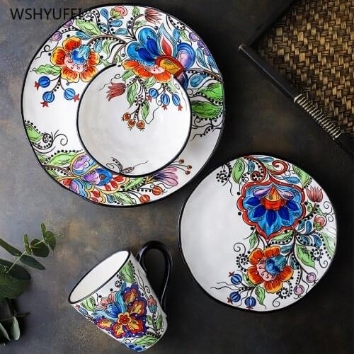 Pastoral style hand-painted underglaze flower ceramic dish tableware Western steak salad snack cake storage decorative plate