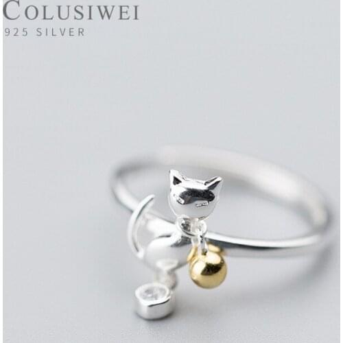 COLUSIWEI Authentic 925 Sterling Silver Cute Cat Bell Ring for Women Open Adjustable Finger Rings Fashion Jewelry Girl Gift