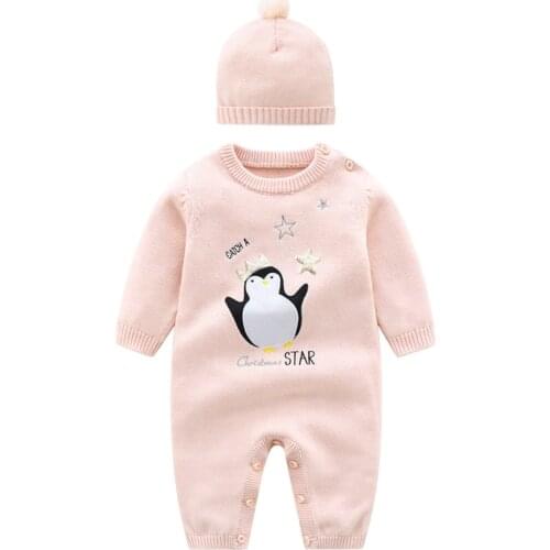 Winter newborn baby clothes Long sleeve cartoon embroidery penguin pink woolen knitted sweater baby boy girl romper and hat set