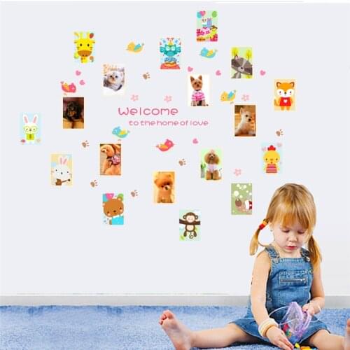 Cartoon animals family photos frame wall stickers for living room kids room wedding party wall art decorations diy pvc decals