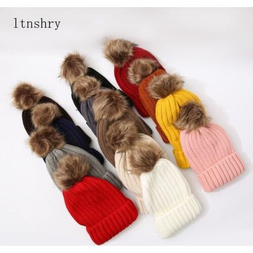 New Winter Female Fur Pom Poms hat Winter Hat For Women Girl 's Hat Knitted Beanies Cap Hat Thick Women Skullies Beanies