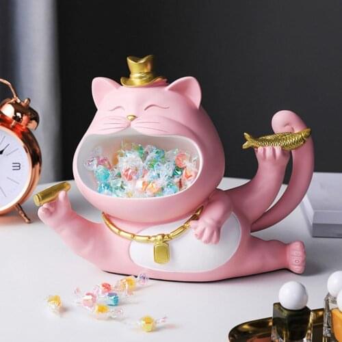 Resin Lucky Big Mouth Cat Storage Box Figurine Home Decor Sculpture Modern Art Ornamental Nordic Candys Storage Accessories